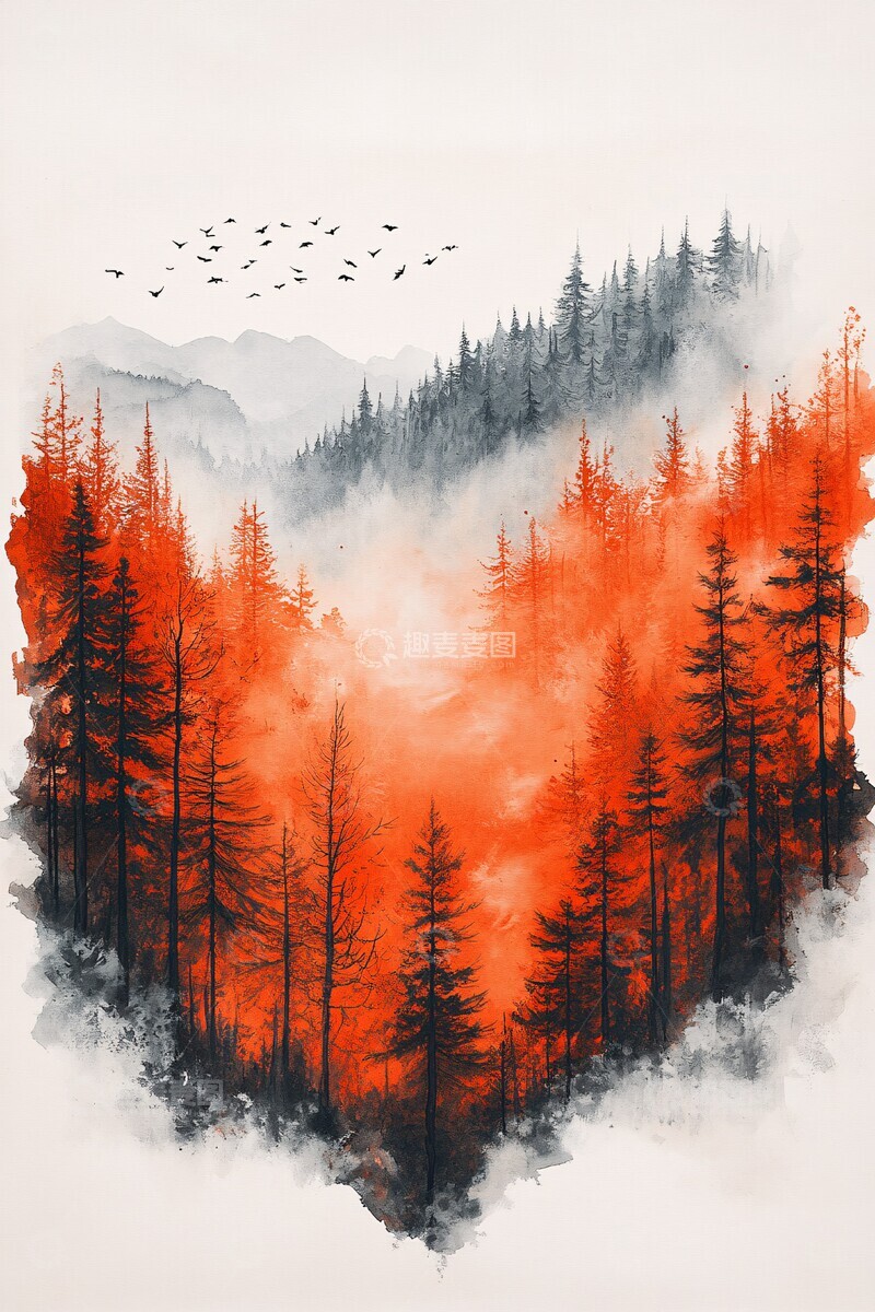 高清大图下载【趣麦麦图】森林水彩画森林水彩色彩