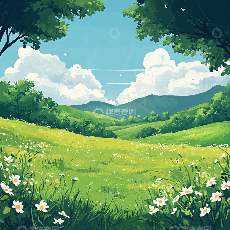 高清大图下载【趣麦麦图】绿色草地插画2