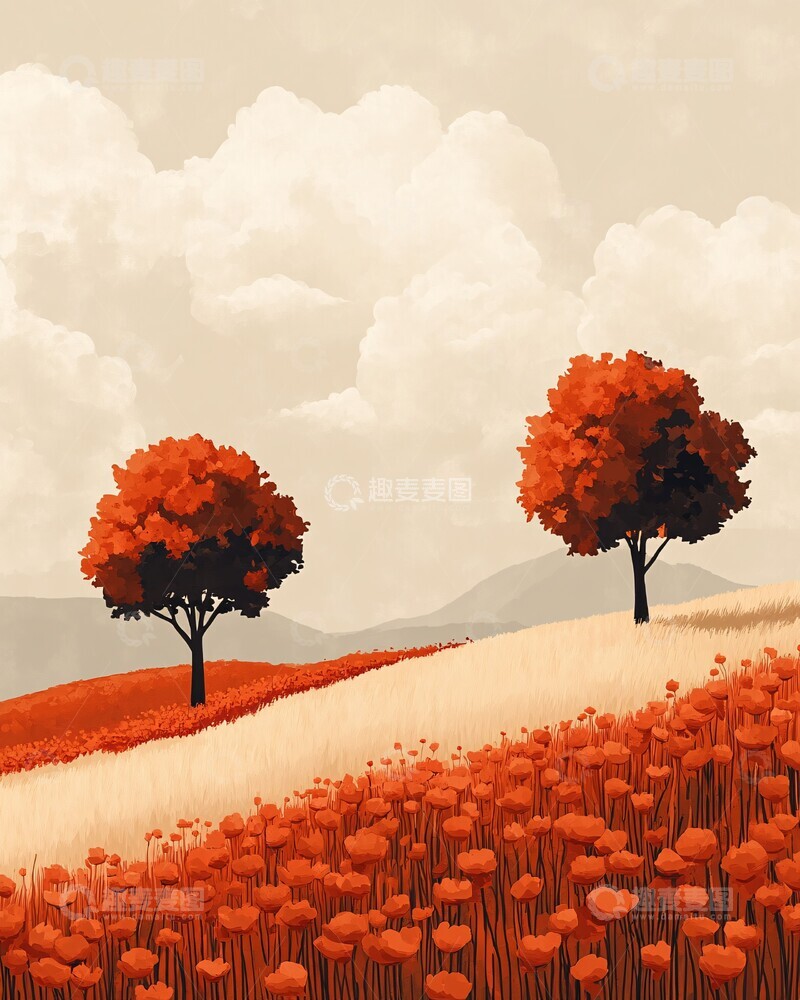 高清大图下载【趣麦麦图】两树与云翼天空白色橙色3