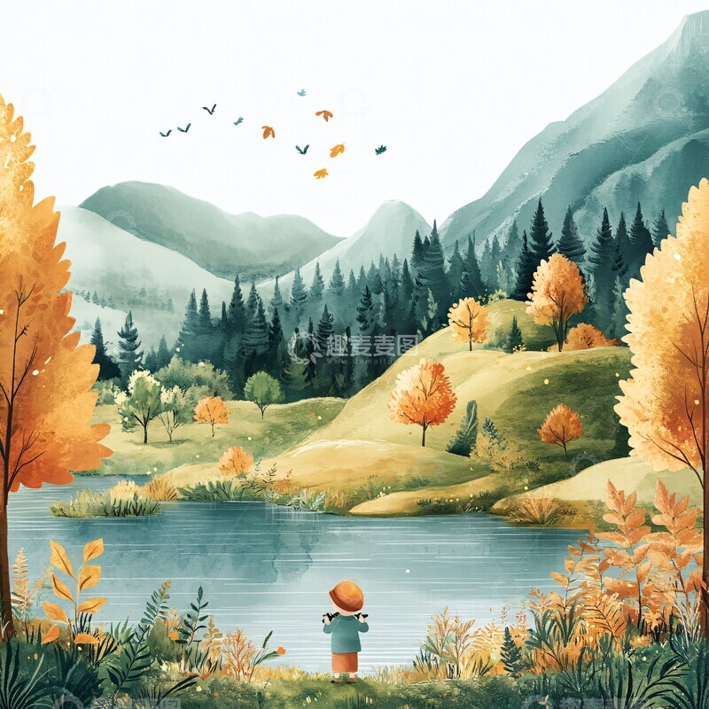 高清大图下载【趣麦麦图】秋日山水儿童图3