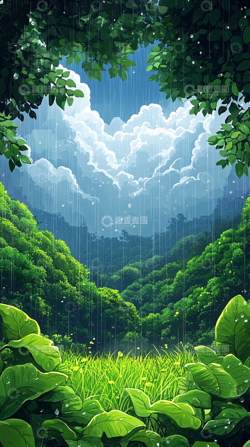 高清大图下载【趣麦麦图】春雨新生春雨卡通平铺