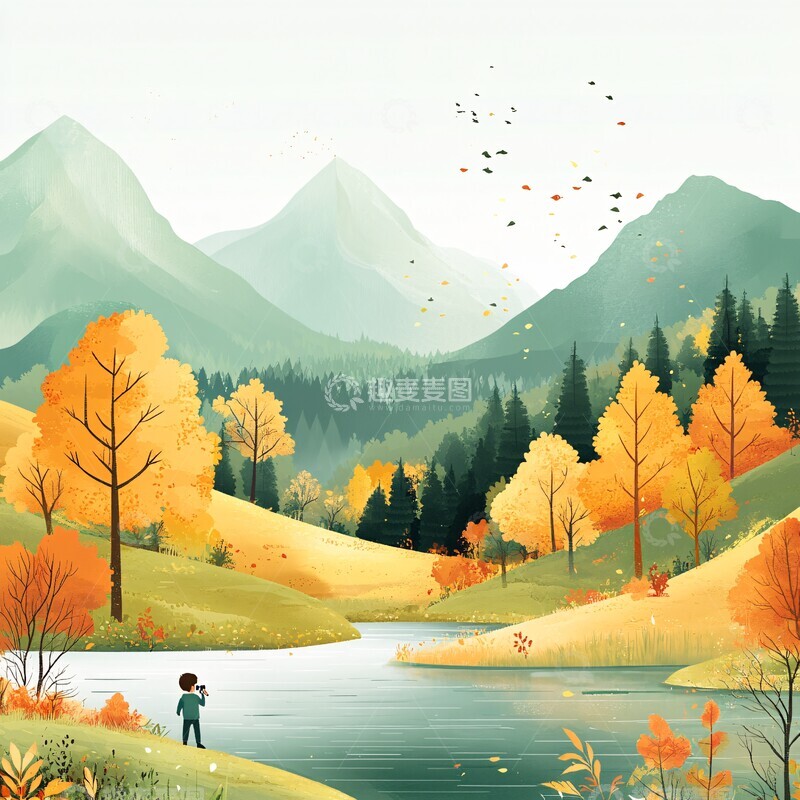 高清大图下载【趣麦麦图】秋日山水儿童图1