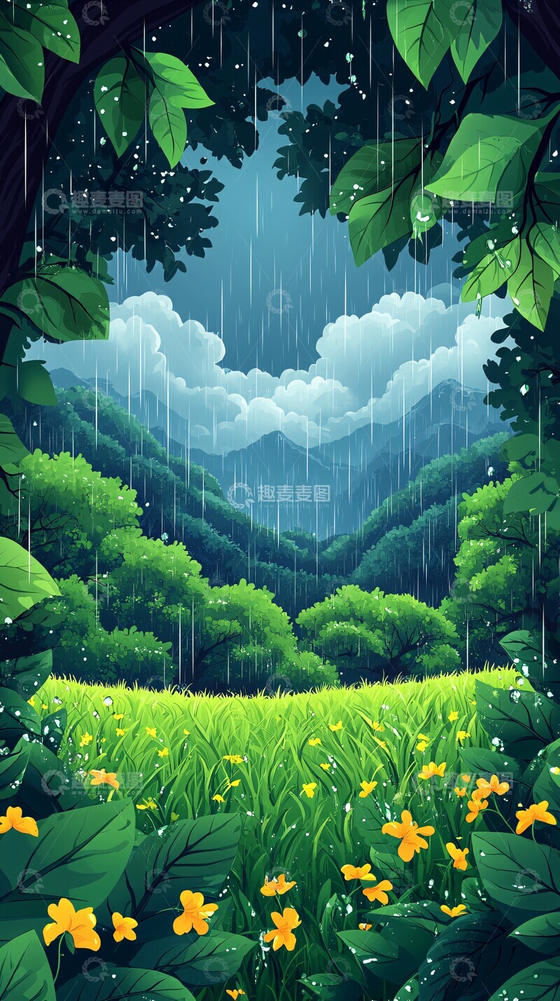 高清大图下载【趣麦麦图】春雨新生春雨卡通平铺1