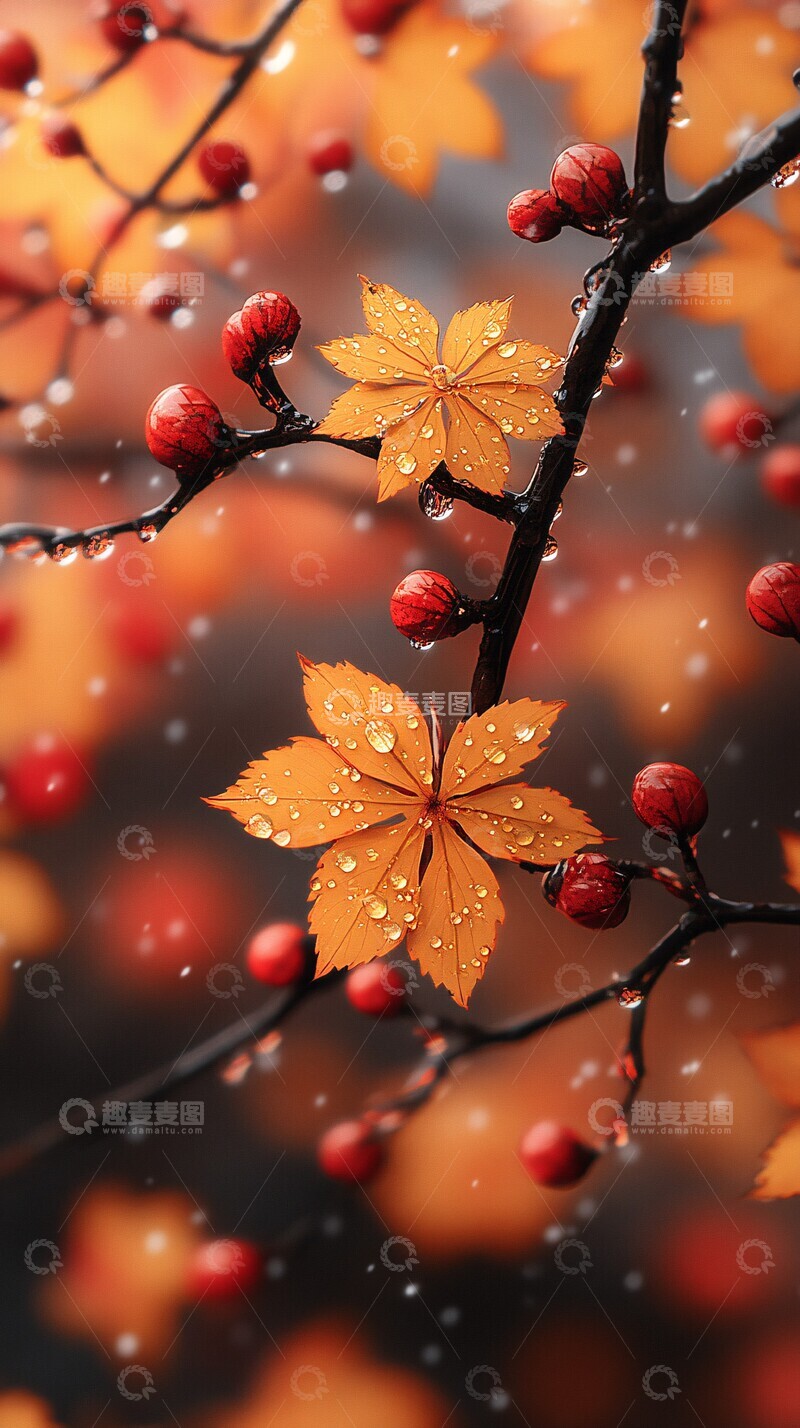 高清大图下载【趣麦麦图】红黄枫树水珠2