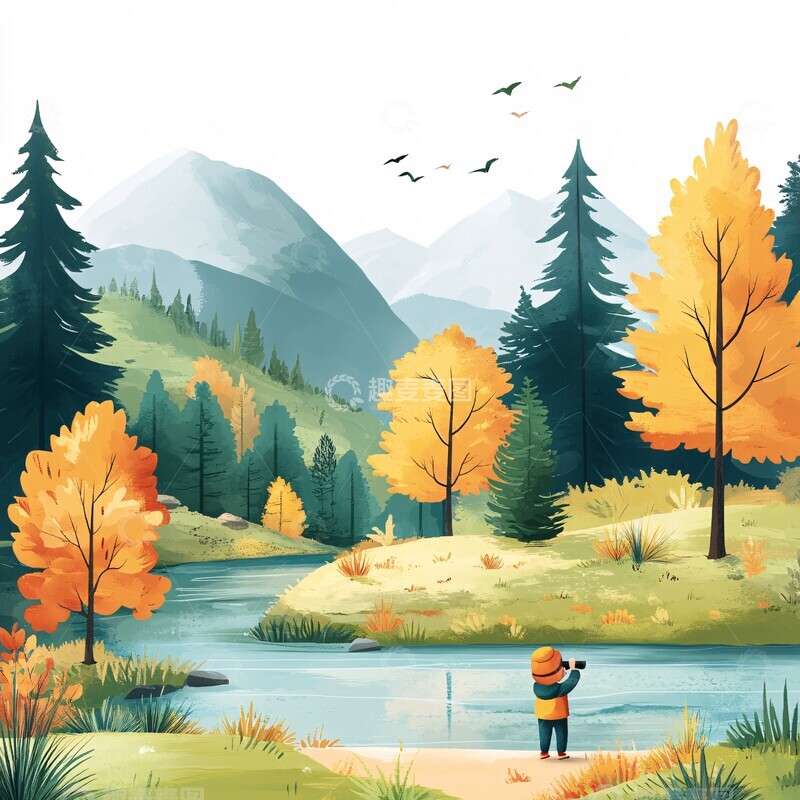 高清大图下载【趣麦麦图】秋日山水儿童图2
