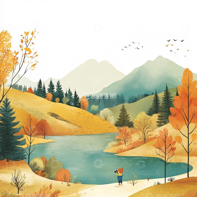 高清大图下载【趣麦麦图】秋日山水儿童图
