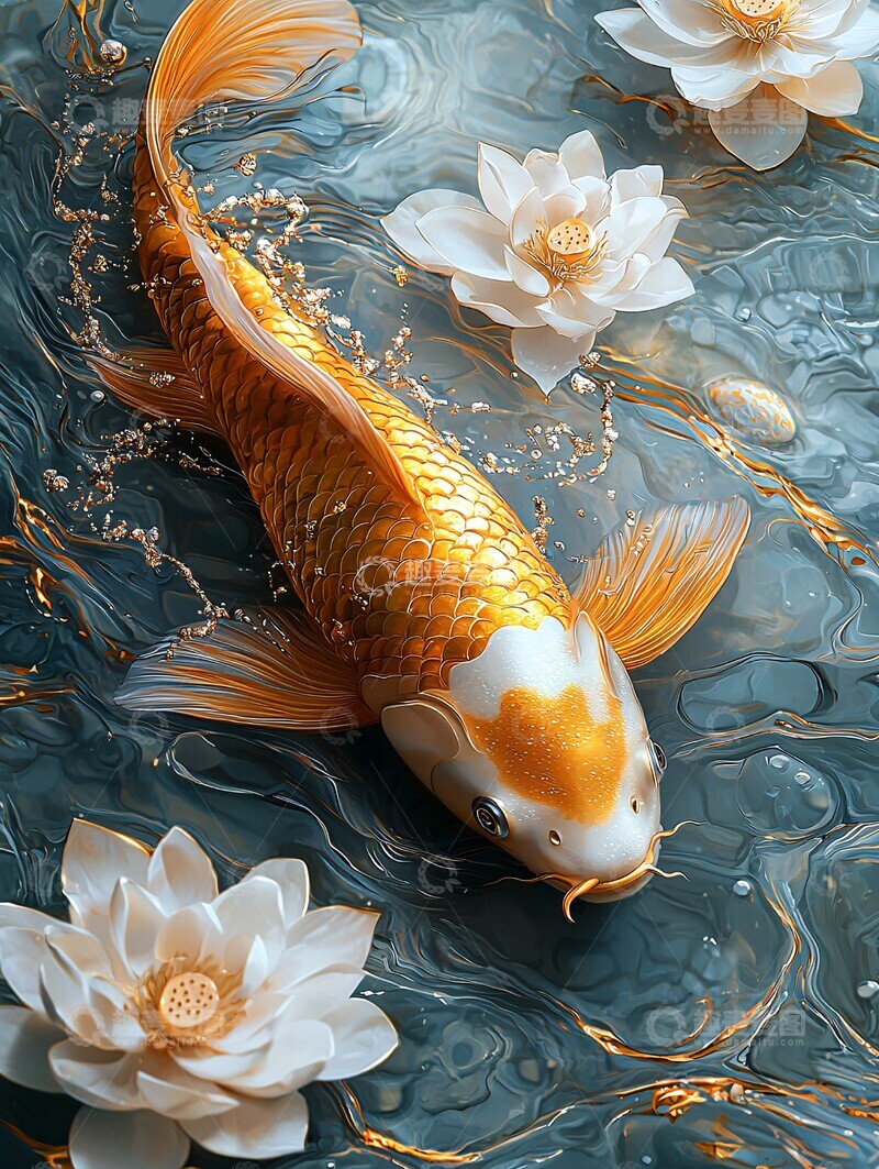 高清大图下载【趣麦麦图】金鱼白莲水纹图2