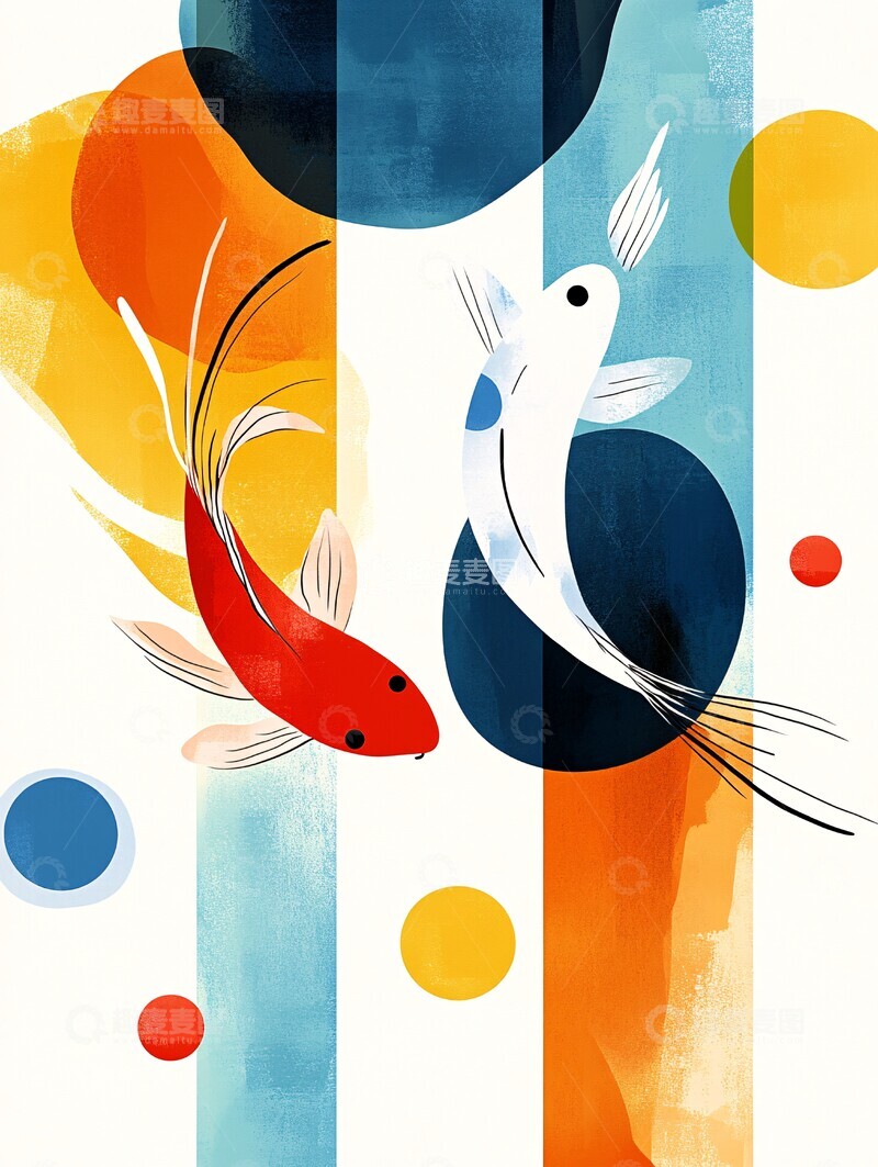 高清大图下载【趣麦麦图】蓝橙粉彩竖纹锦鲤