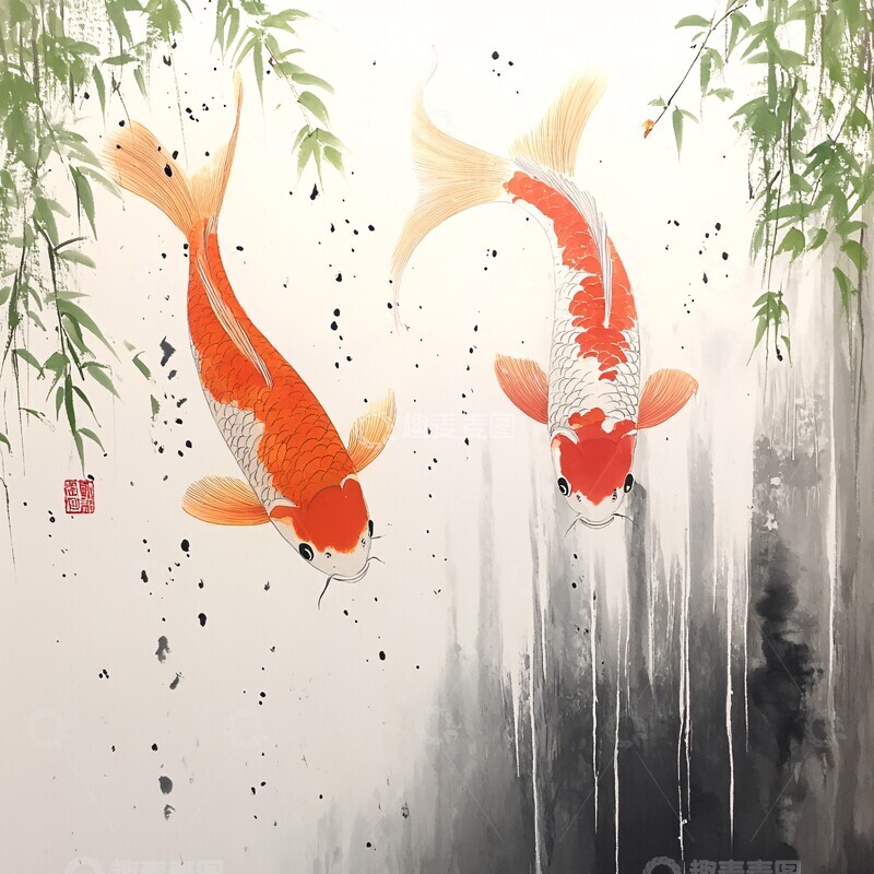 高清大图下载【趣麦麦图】双鲤瀑布图双鲤瀑布绿叶1