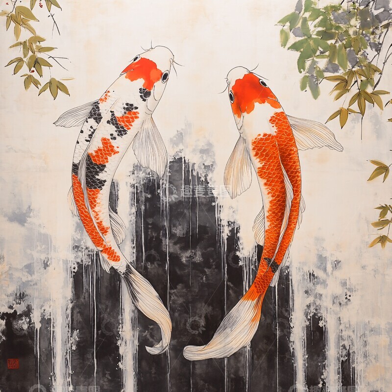 高清大图下载【趣麦麦图】双鲤瀑布图双鲤瀑布绿叶