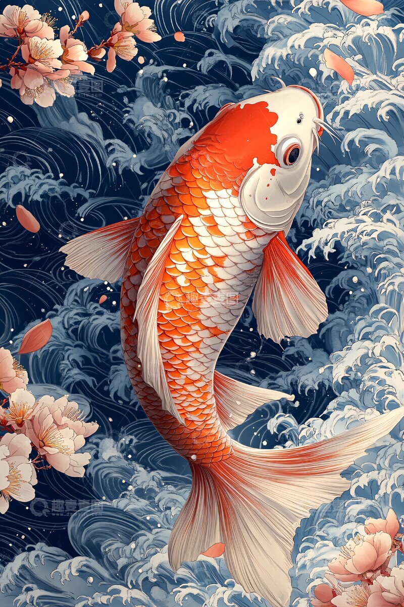 高清大图下载【趣麦麦图】鲤鱼桃花浪花