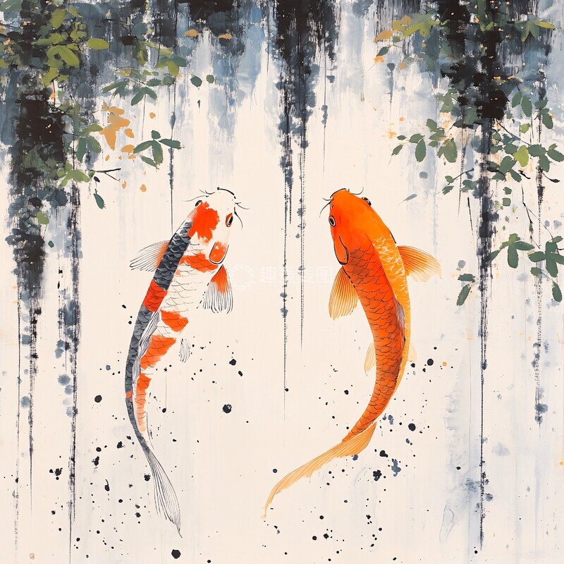 高清大图下载【趣麦麦图】双鲤瀑布图双鲤瀑布绿叶2