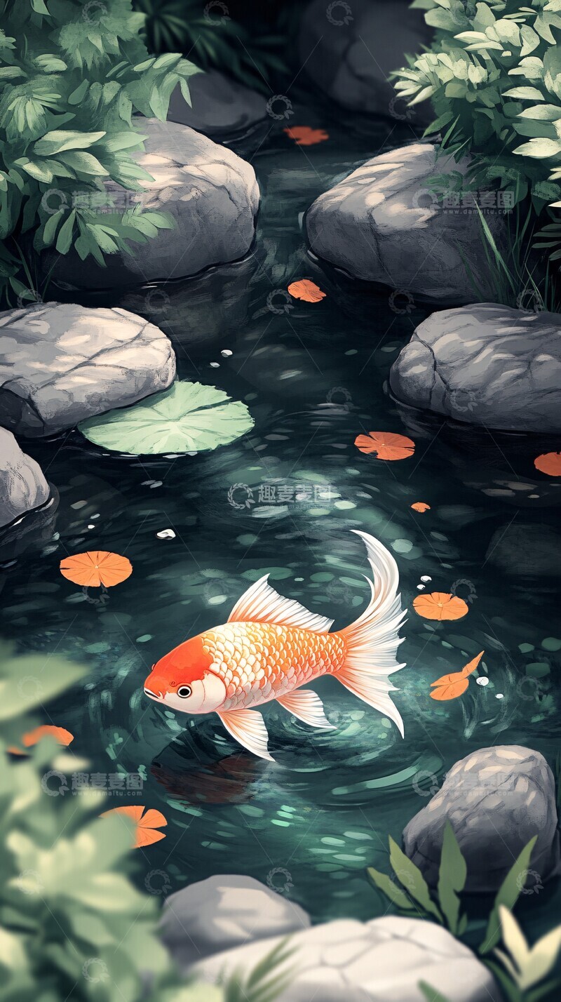 高清大图下载【趣麦麦图】鱼与小池小池插画二维1