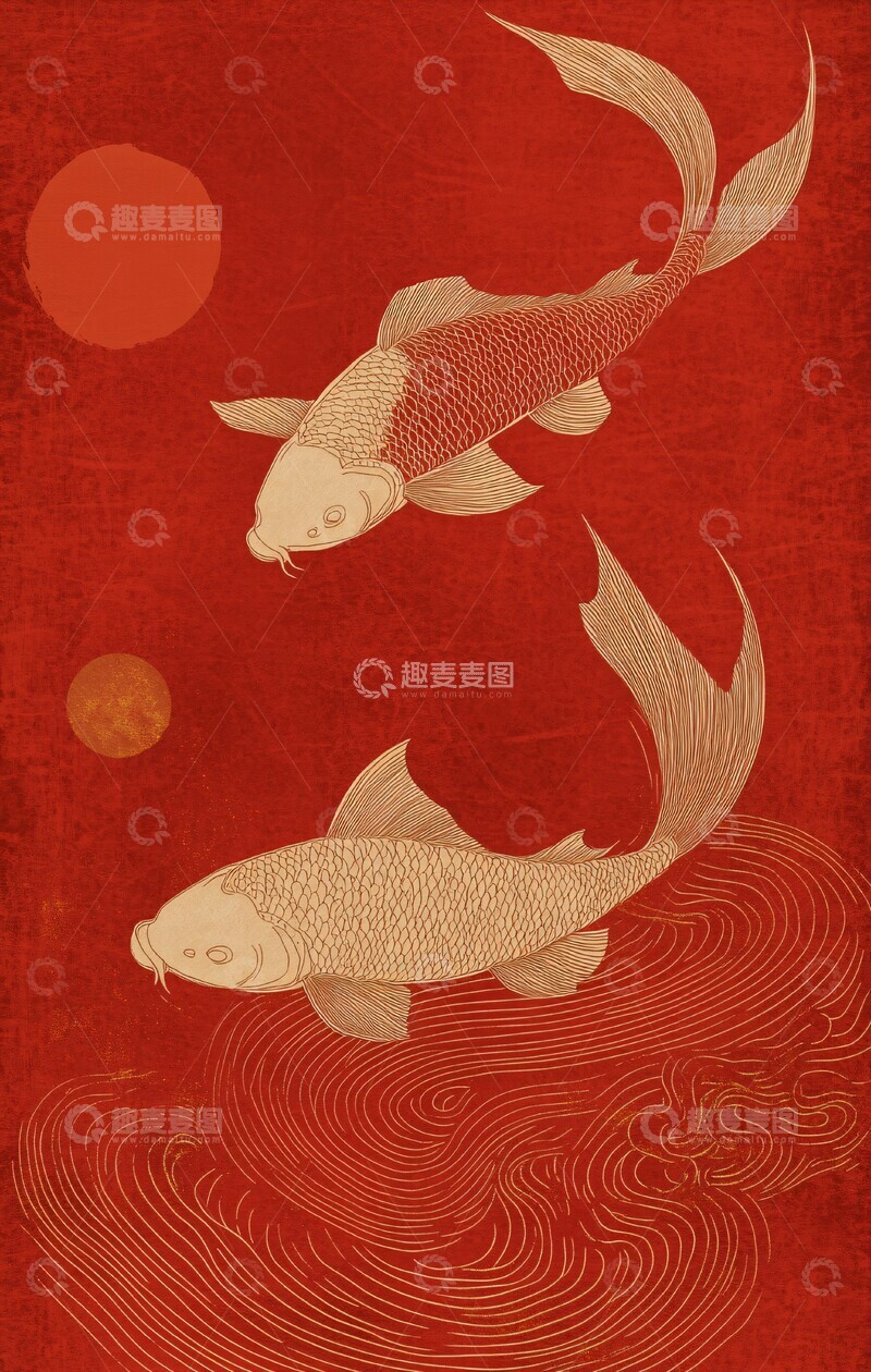 高清大图下载【趣麦麦图】飞鱼曲线春节红色极简