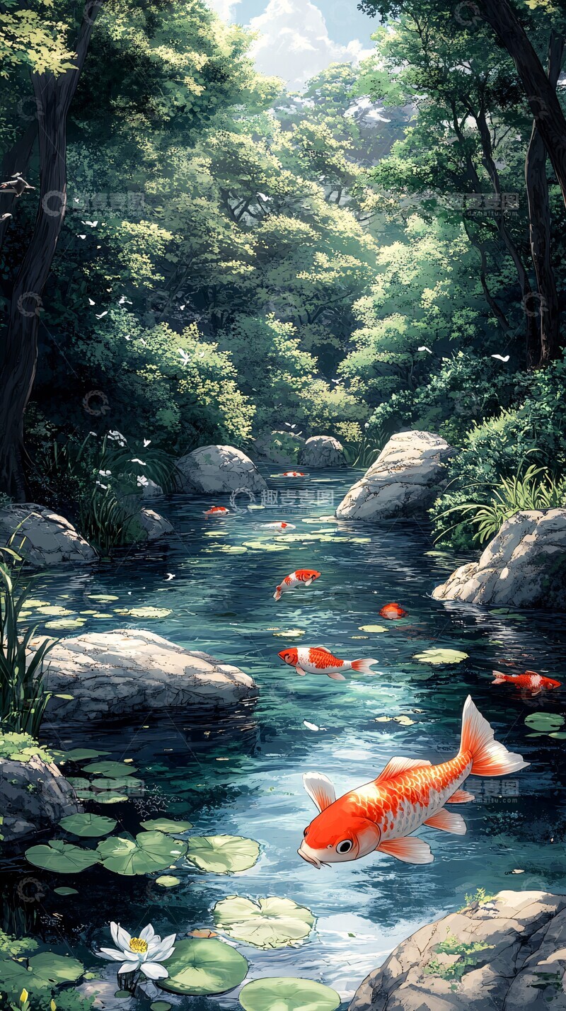高清大图下载【趣麦麦图】鱼与小池小池插画二维