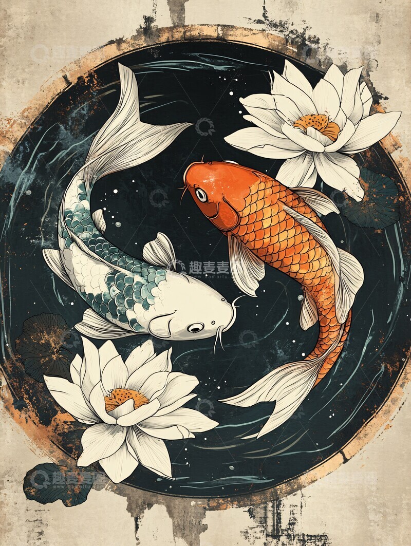 高清大图下载【趣麦麦图】双鲤戏莲鲤鱼莲花线条