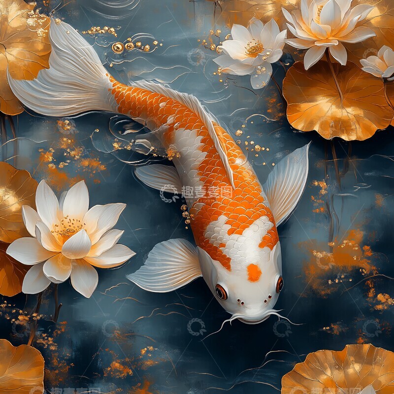 高清大图下载【趣麦麦图】金鱼游莲池金鱼莲花金色2
