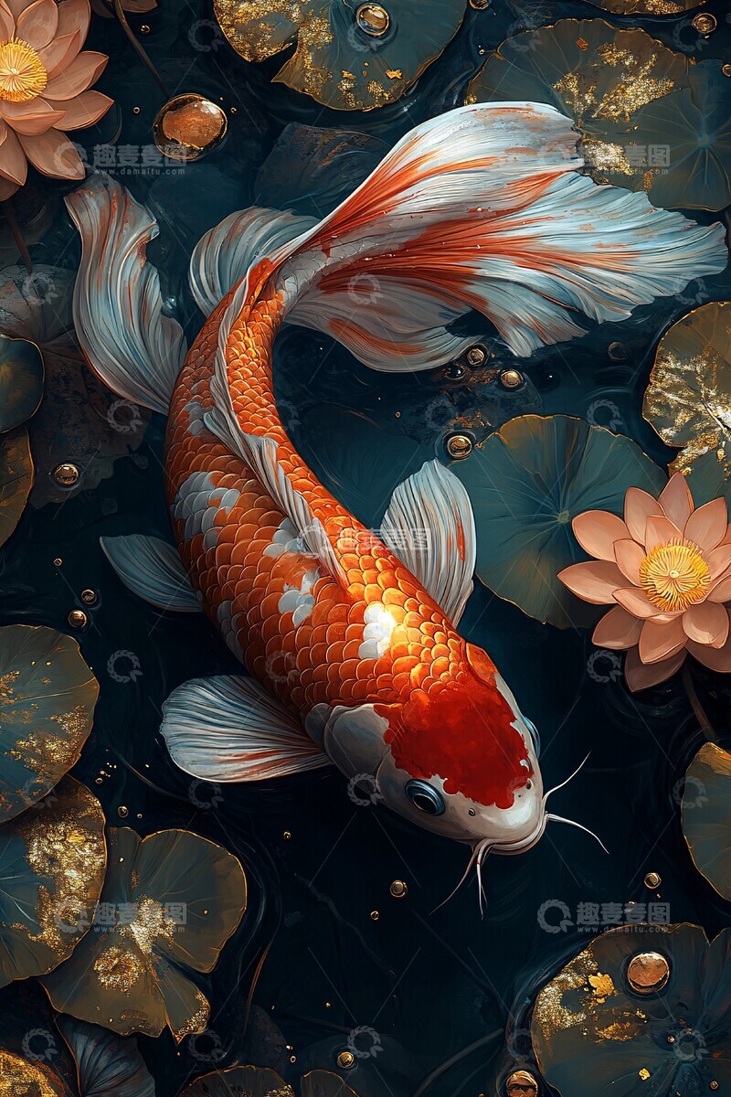 高清大图下载【趣麦麦图】鲤鱼莲花金叶画1