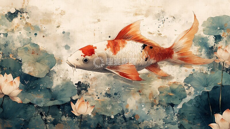 高清大图下载【趣麦麦图】红鲤游莲叶红鲤莲叶线条2