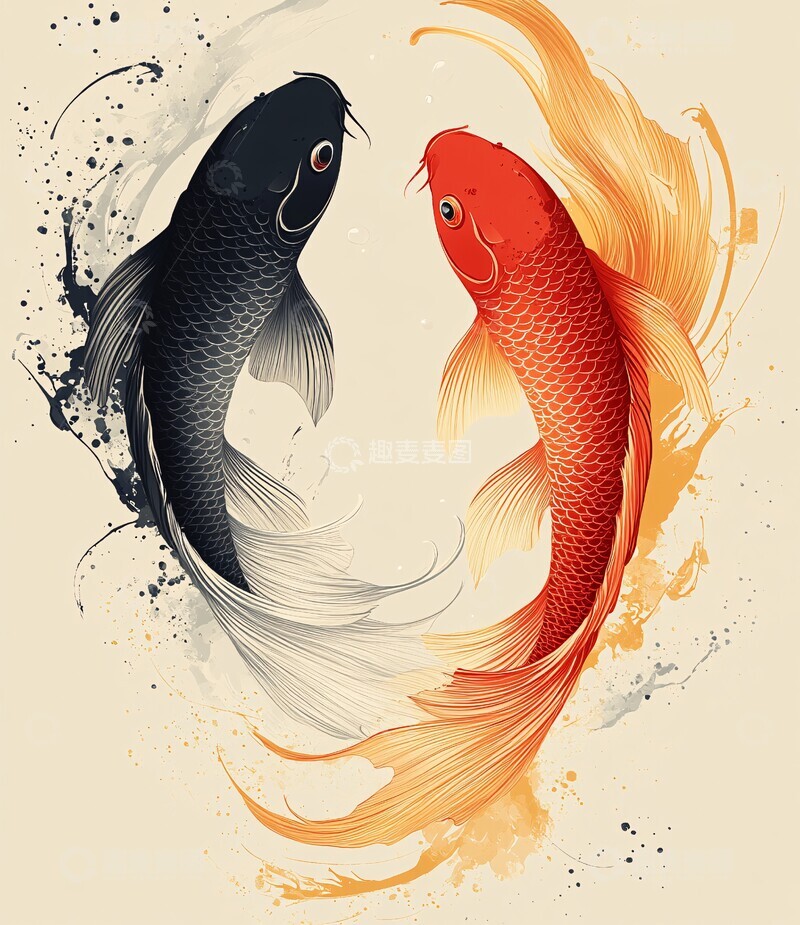 高清大图下载【趣麦麦图】红金鲤鱼插画2