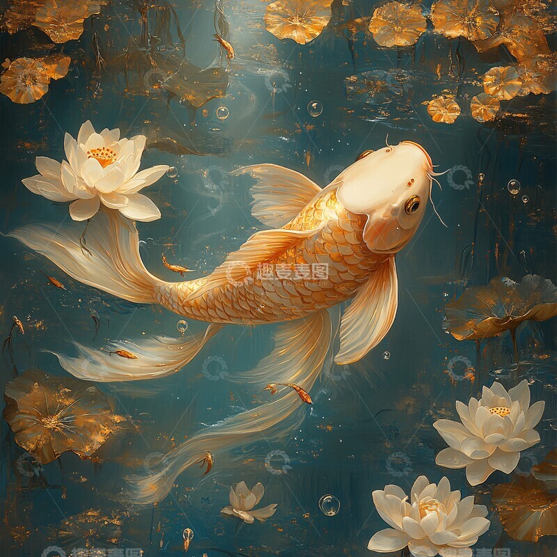 高清大图下载【趣麦麦图】金鱼游莲池金鱼莲花金色