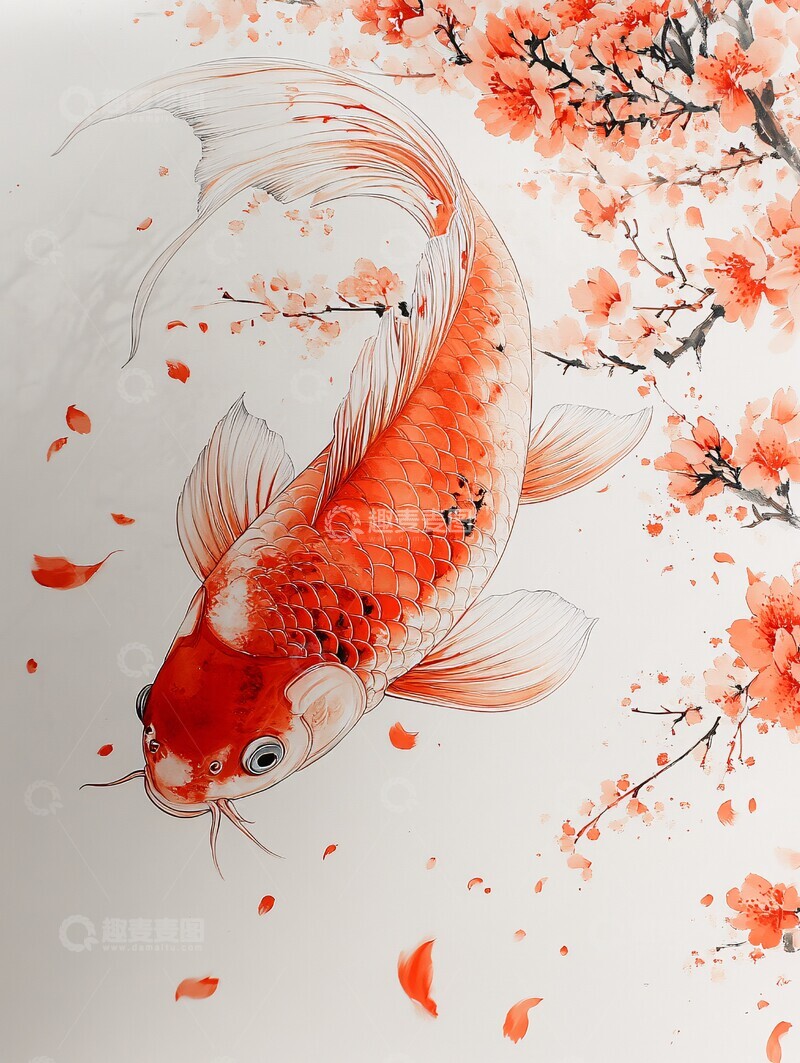 高清大图下载【趣麦麦图】-鲤鱼游向花朵