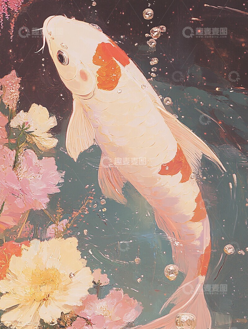 高清大图下载【趣麦麦图】梦幻花池中的锦鲤