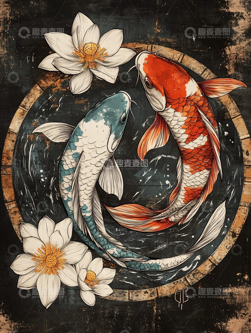 高清大图下载【趣麦麦图】双鲤戏莲鲤鱼莲花线条1