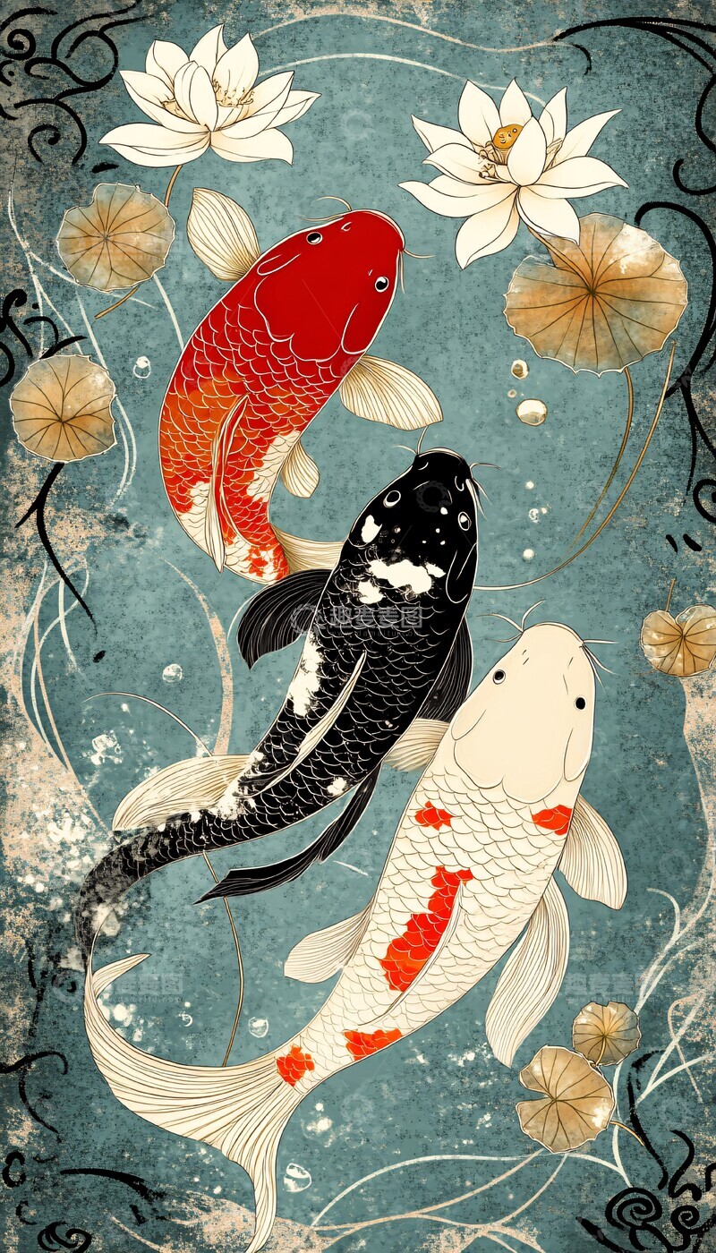 高清大图下载【趣麦麦图】鲤鱼与莲花图案