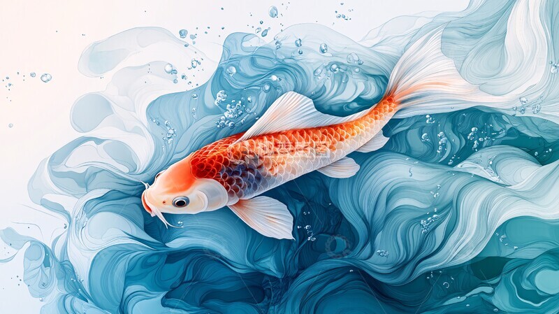 高清大图下载【趣麦麦图】蓝绿水波红鲤鱼2