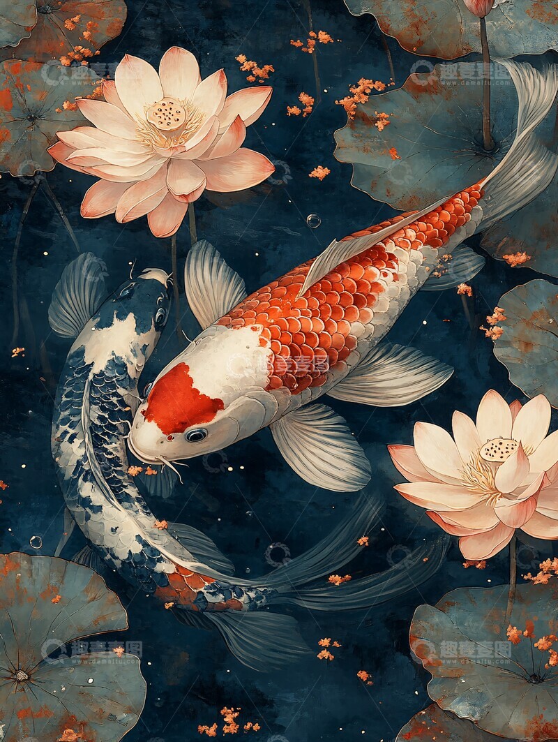 高清大图下载【趣麦麦图】鲤鱼莲花图鲤鱼莲花杨柳青2