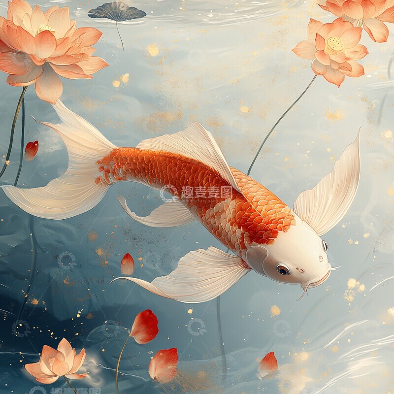 高清大图下载【趣麦麦图】金鱼游莲池金鱼莲花金色1