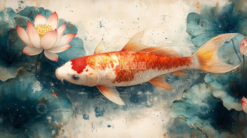 高清大图下载【趣麦麦图】红鲤游莲叶红鲤莲叶线条1