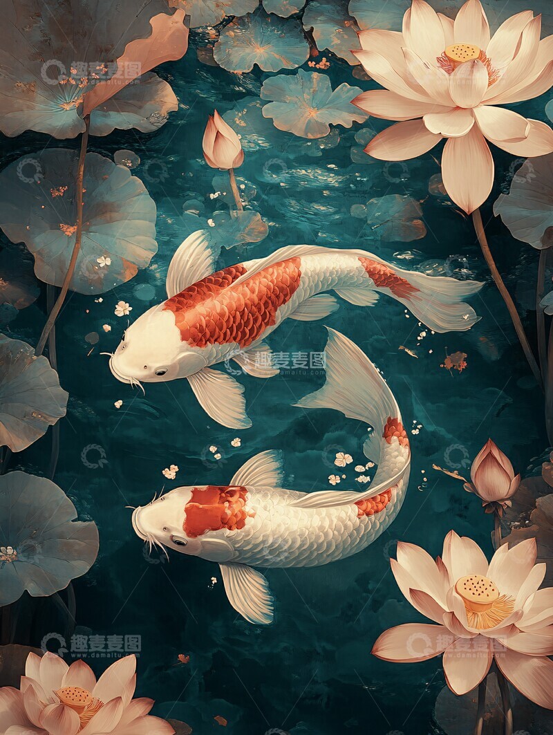高清大图下载【趣麦麦图】鲤鱼莲花图鲤鱼莲花杨柳青