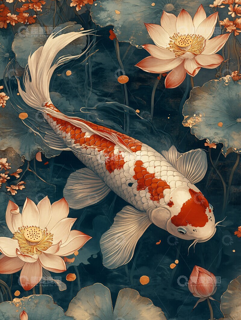 高清大图下载【趣麦麦图】鲤鱼莲花图鲤鱼莲花杨柳青1