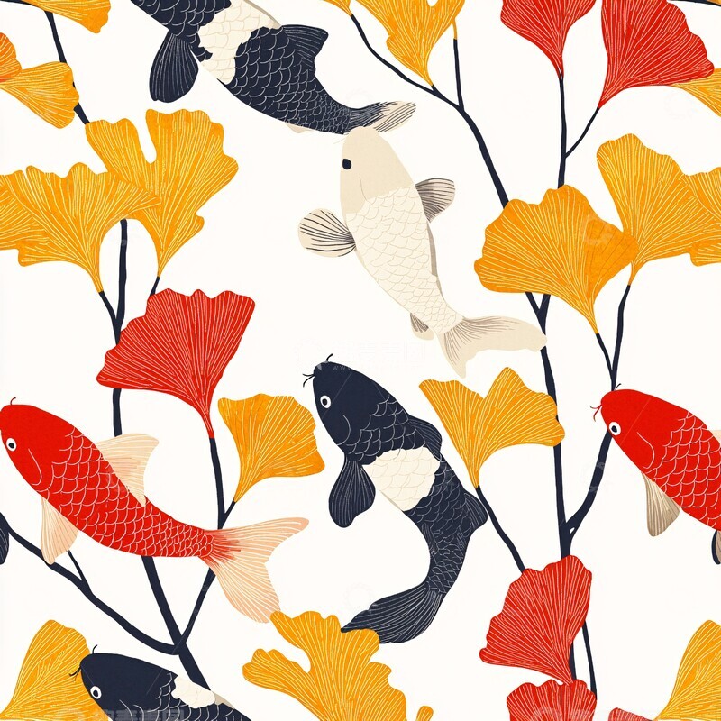 高清大图下载【趣麦麦图】银杏叶鲤鱼壁纸1