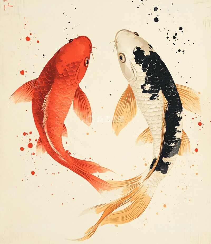 高清大图下载【趣麦麦图】红金鲤鱼插画1