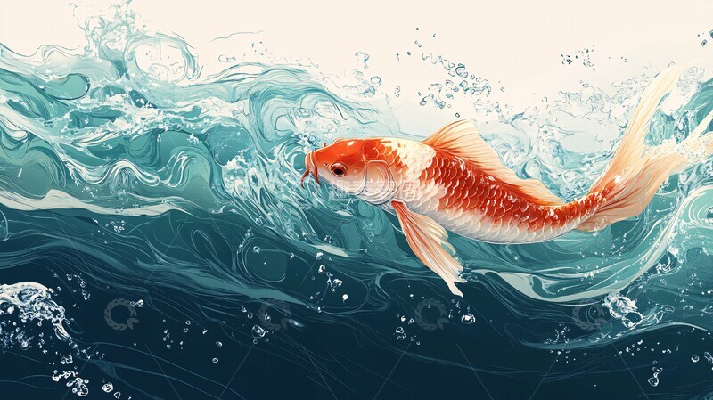高清大图下载【趣麦麦图】蓝绿水波红鲤鱼