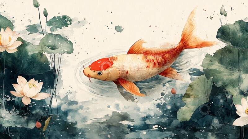 高清大图下载【趣麦麦图】红鲤游莲叶红鲤莲叶线条