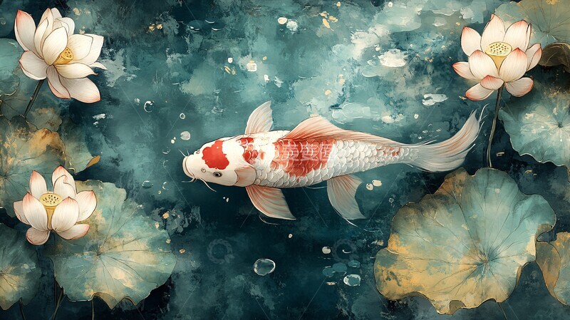 高清大图下载【趣麦麦图】红鲤游莲叶红鲤莲叶线条3