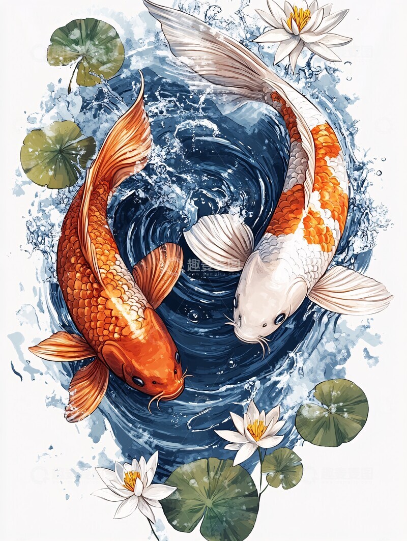 高清大图下载【趣麦麦图】双鲤螺旋游动2