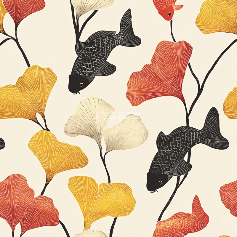 高清大图下载【趣麦麦图】银杏叶鲤鱼壁纸2