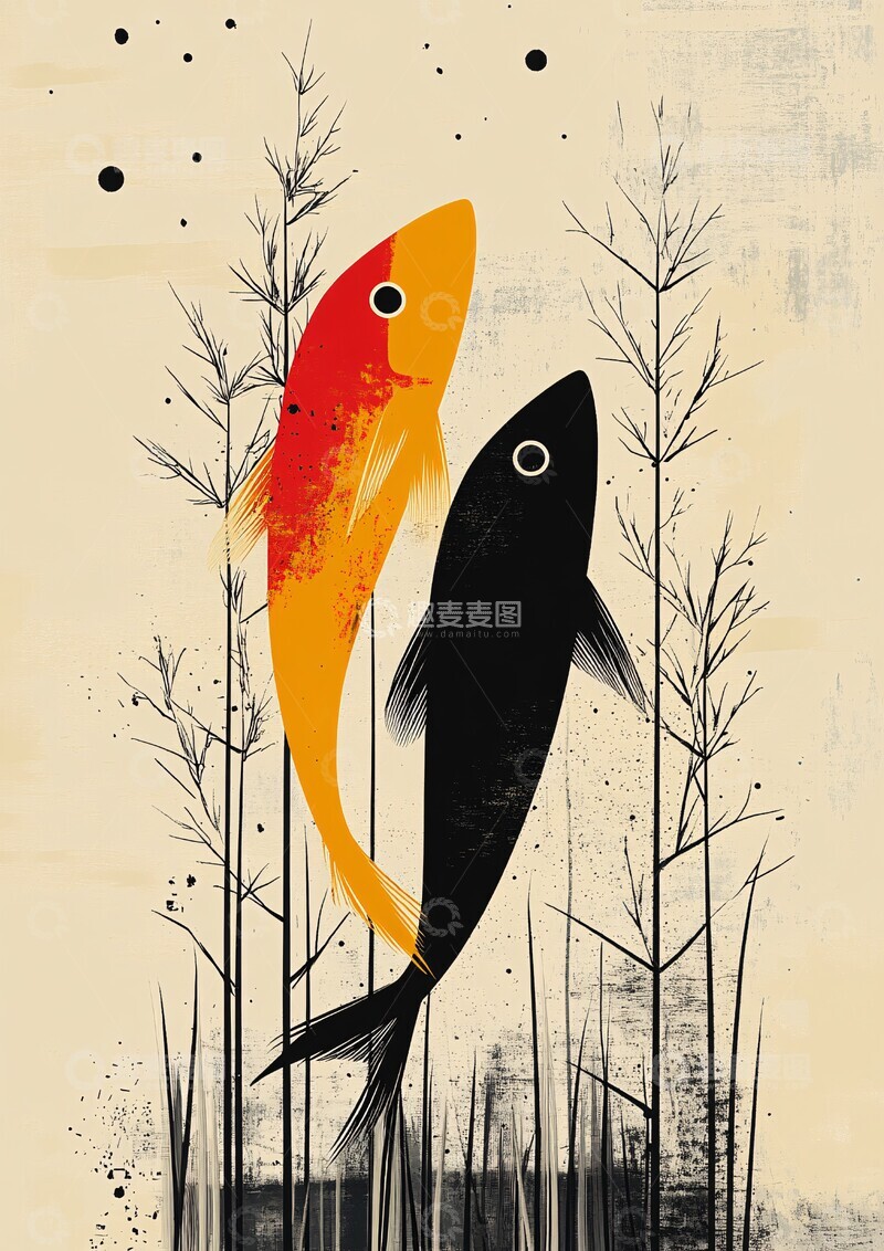 高清大图下载【趣麦麦图】双鱼抽象抽象形状色彩1