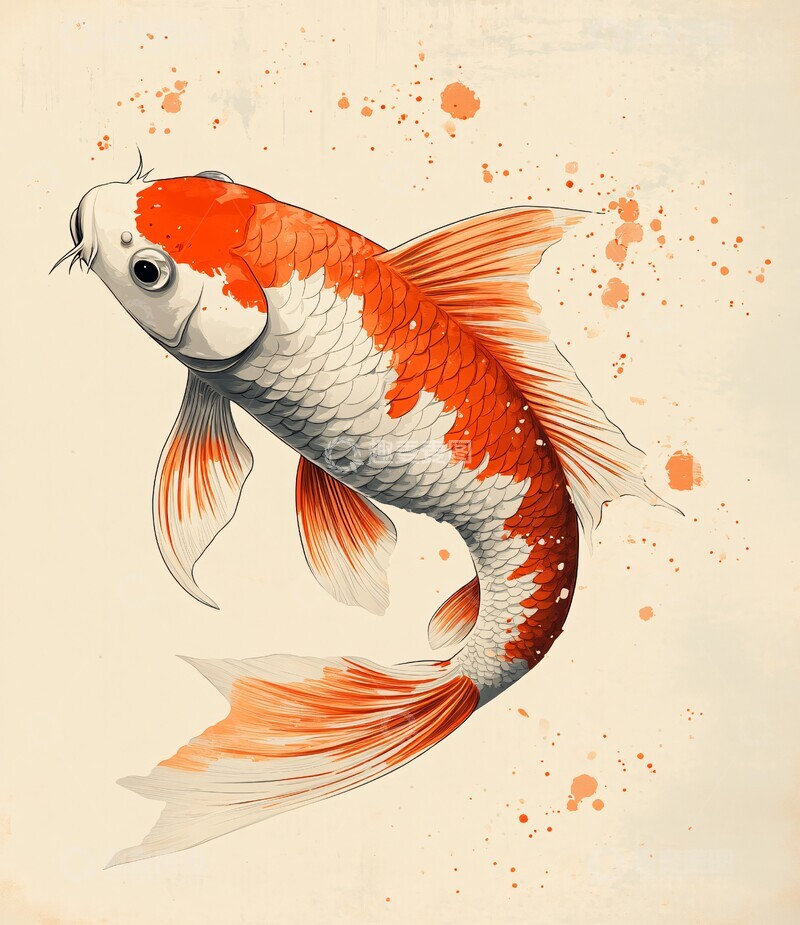 高清大图下载【趣麦麦图】红金鲤鱼插画