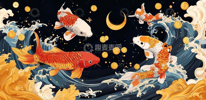 高清大图下载【趣麦麦图】月下鲤鱼跃鲤鱼月光金鱼3