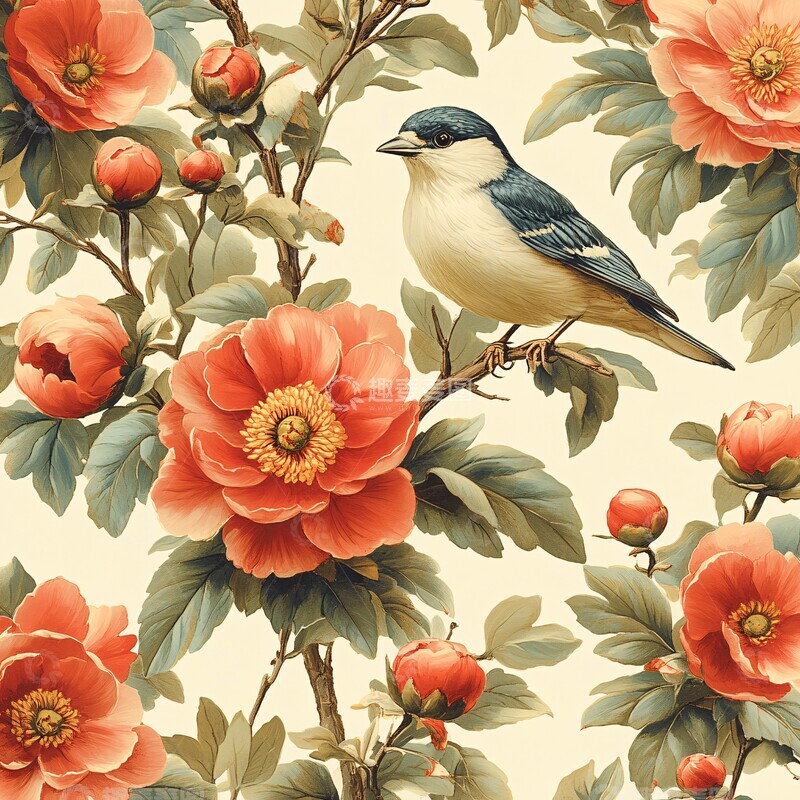 高清大图下载【趣麦麦图】牡丹花枝鸟背景