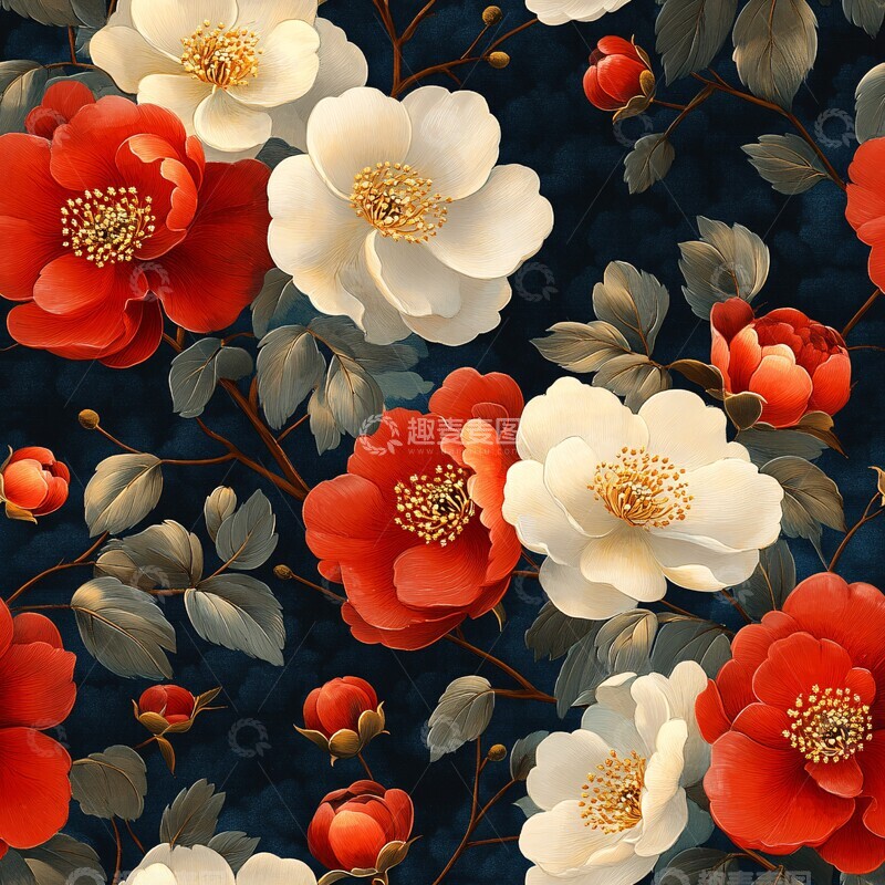 高清大图下载【趣麦麦图】牡丹莲花旗袍图案