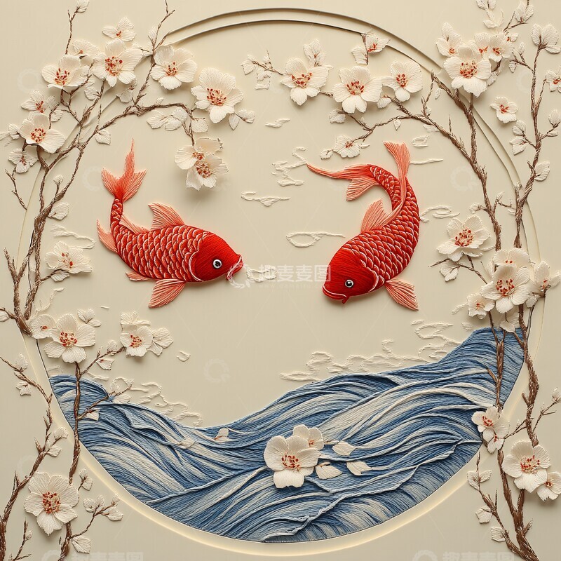 高清大图下载【趣麦麦图】双红鱼圆形绣品1