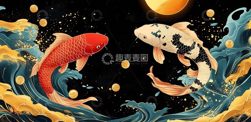 高清大图下载【趣麦麦图】月下鲤鱼跃鲤鱼月光金鱼1