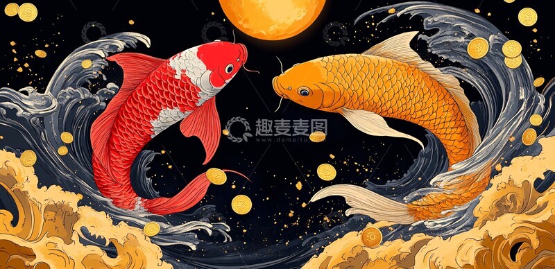高清大图下载【趣麦麦图】月下鲤鱼跃鲤鱼月光金鱼2